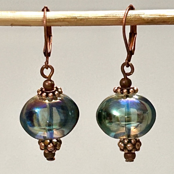 Antique Copper and Iridescent Czech Glass Earrings - Picture 11 of 12